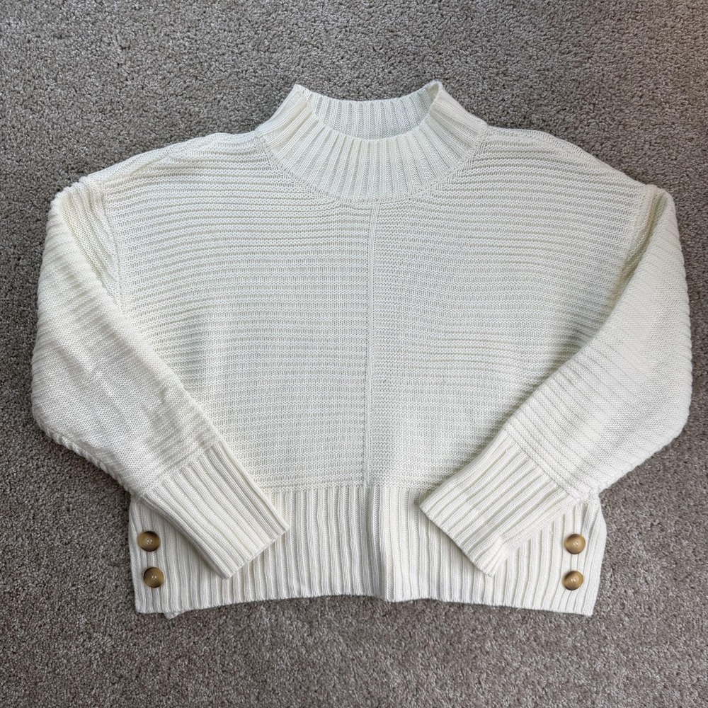 Madison + Hudson Sweater Womens L White Mock Neck Chunky Knit Button Hem